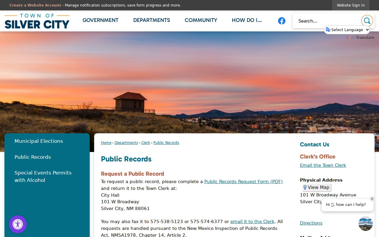 Silver City criminal record request page for police records
